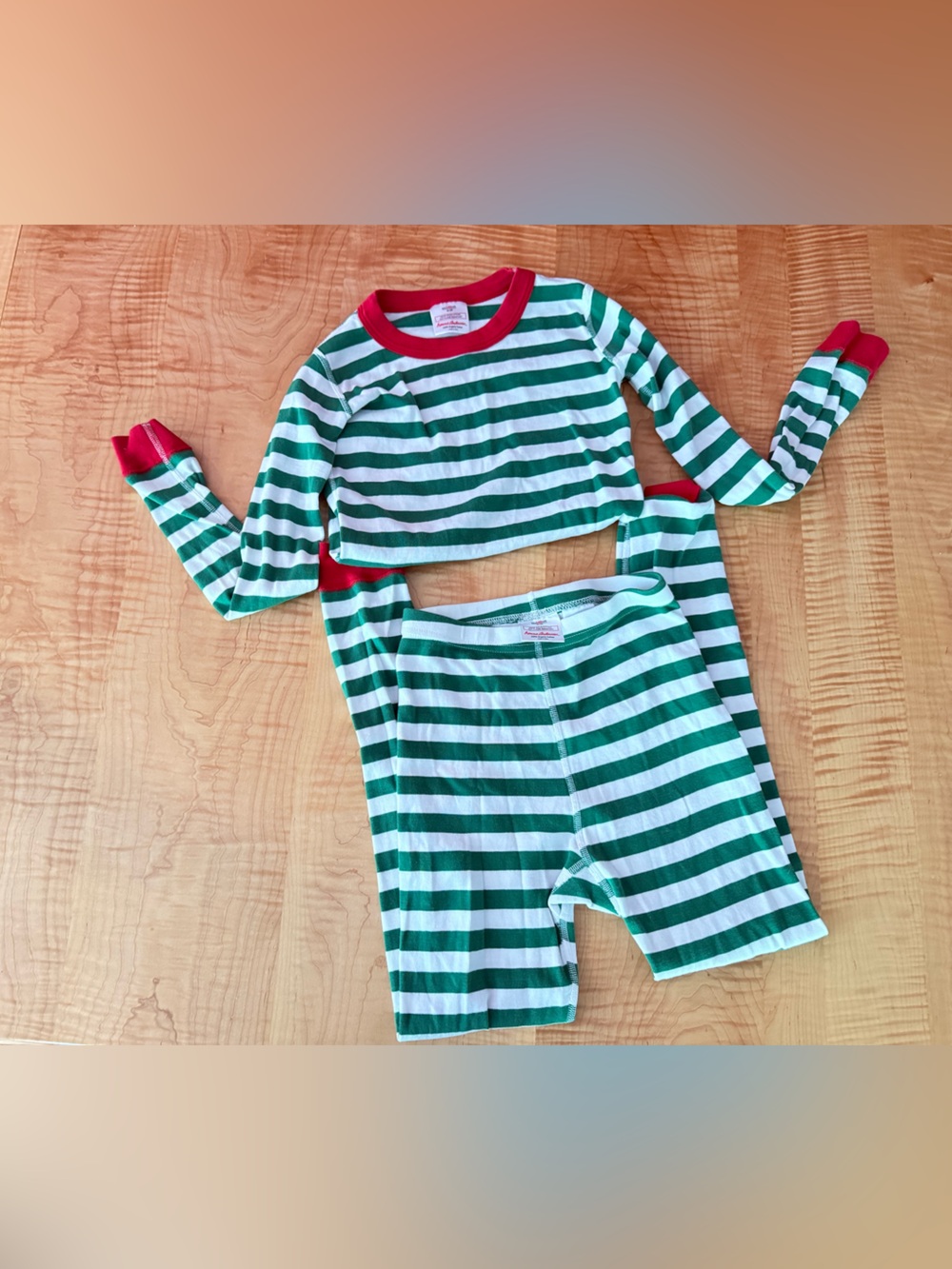 Hanna Andersson Green & White Striped Kids Pajama Set with Red Trim